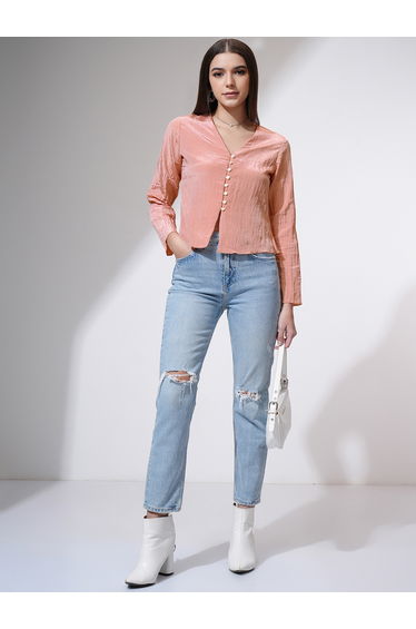 Textured V-Neck Buttoned Top