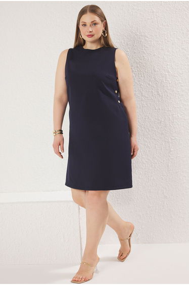 Navy Blue Mini Gold Buttoned Sleeveless Woven Plus Size Dress