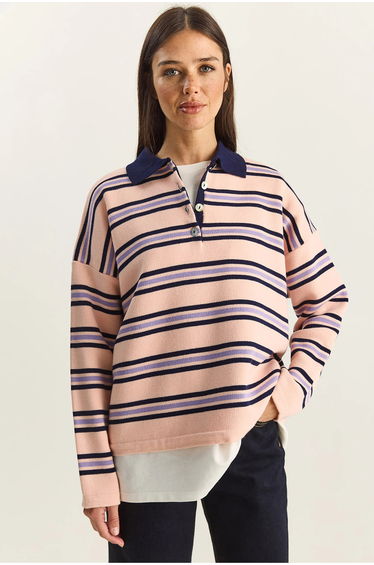 LUCCI Striped Polo Collar Button Sweater