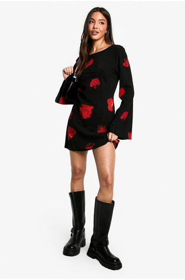 Dark Floral Low Back Flare Sleeve Dress - black