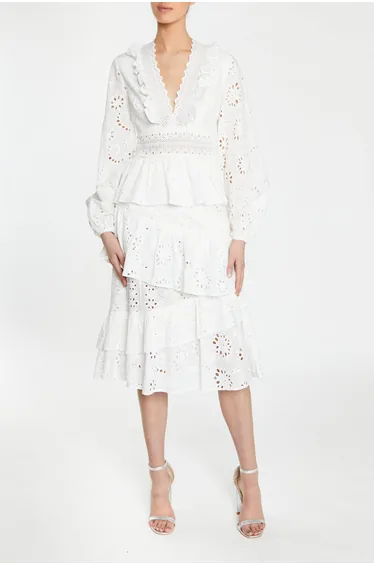 Grace White-Broderie Lace Trim Tiered Midi-Dress