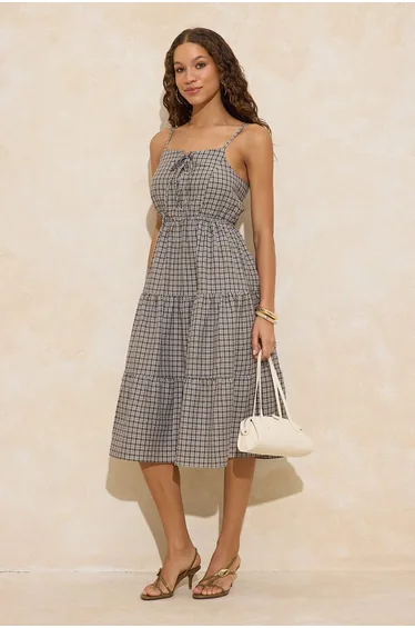 فستان ميدي بربطة بطبعة كاروهات - أخضر