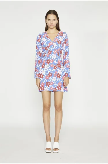 Blue-Red Flower Fluted Sleeve Mini-Dress