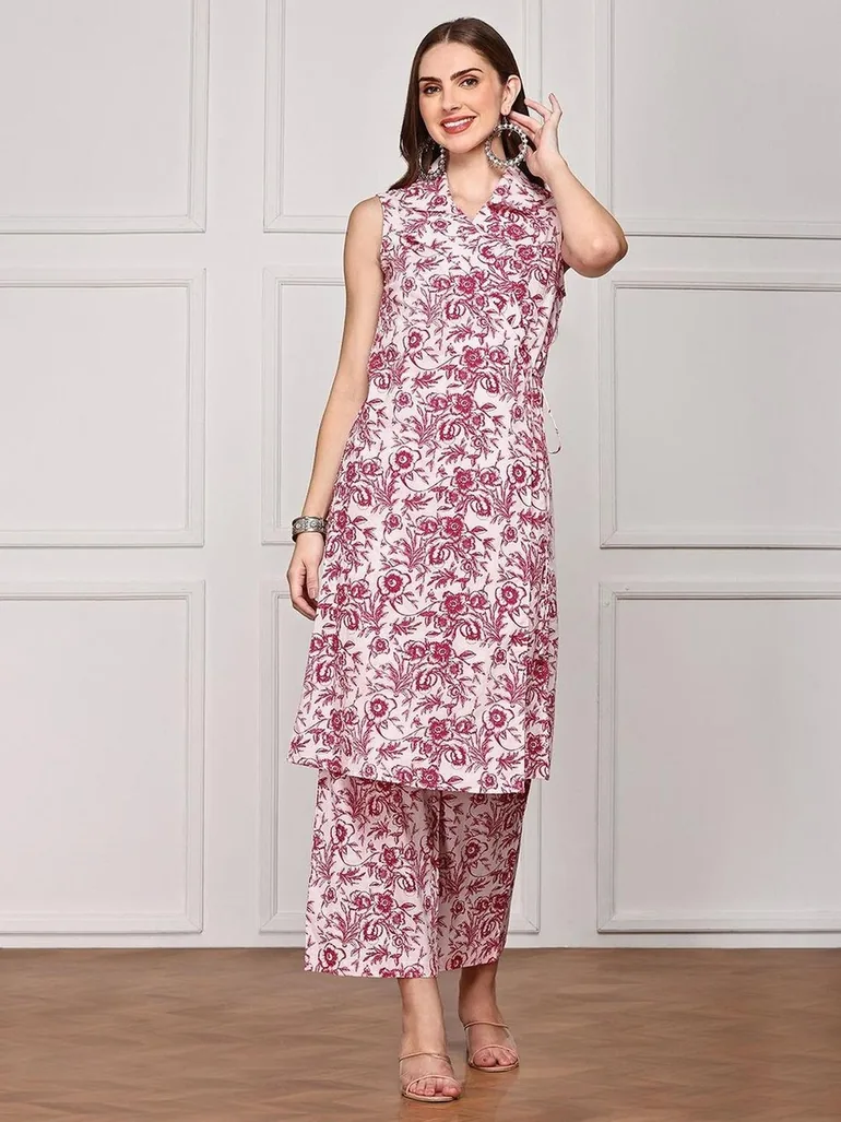 Floral Print Smocked Crop Top with Pants and Tunic Co-Ords - 1