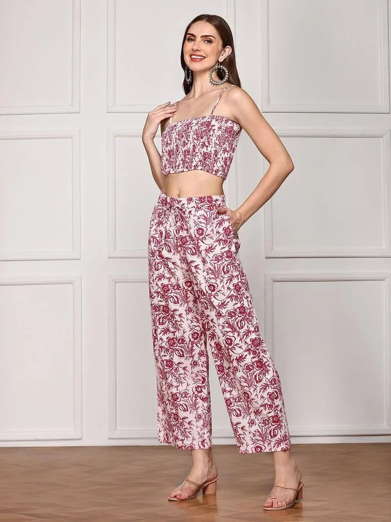 Floral Print Smocked Crop Top with Pants and Tunic Co-Ords - 3