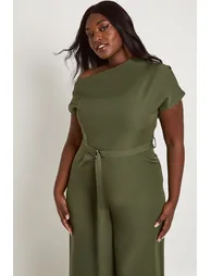 Plus Asymmetric Belted Jumpsuit - khaki - 2