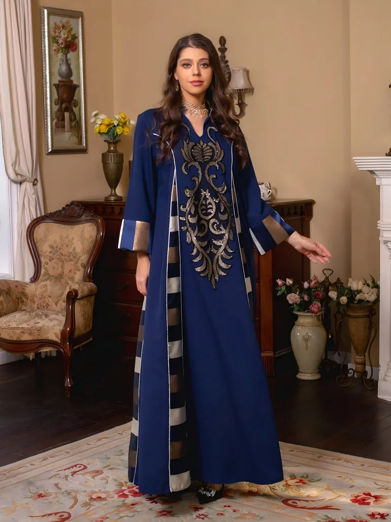 Graphic Print Thick Striped Detail Jalabiya - 1