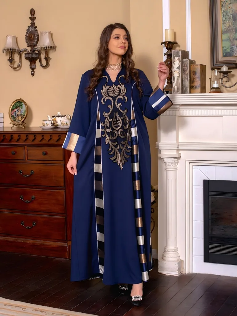 Graphic Print Thick Striped Detail Jalabiya - 2