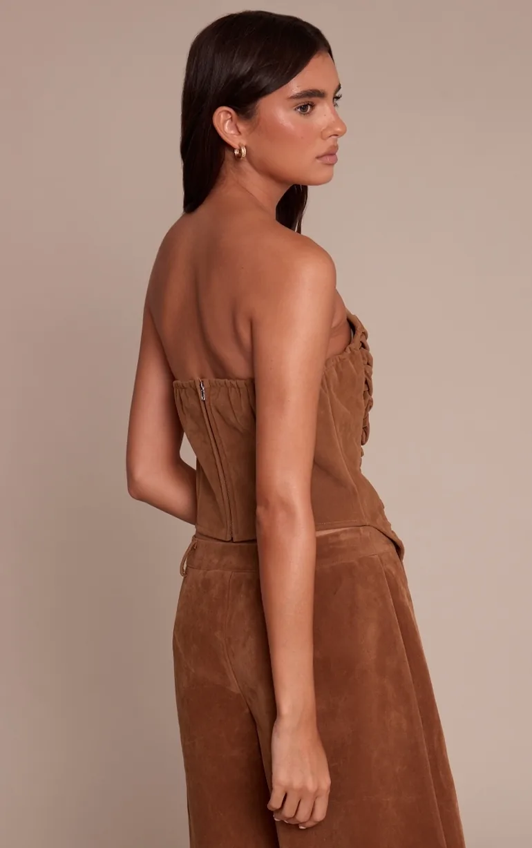 Camel Faux Suede Asymmetric Pointed Hem Corset - 1