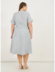 Plus Size Short Sleeves A-Line Tweed Midi Dress - 5