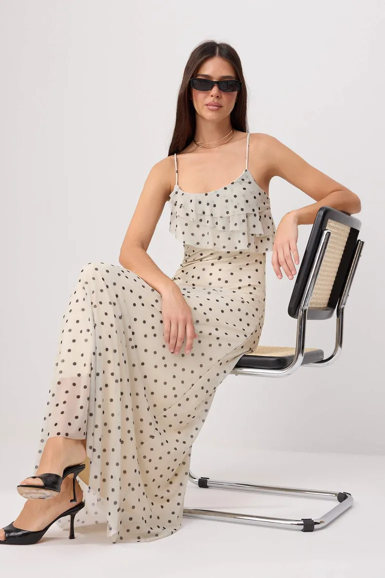 Ecru Polka Dot A-Line/ Bell-Shape Thin Straps Flounces/Ruffles Maxi Knitted Dress - 2