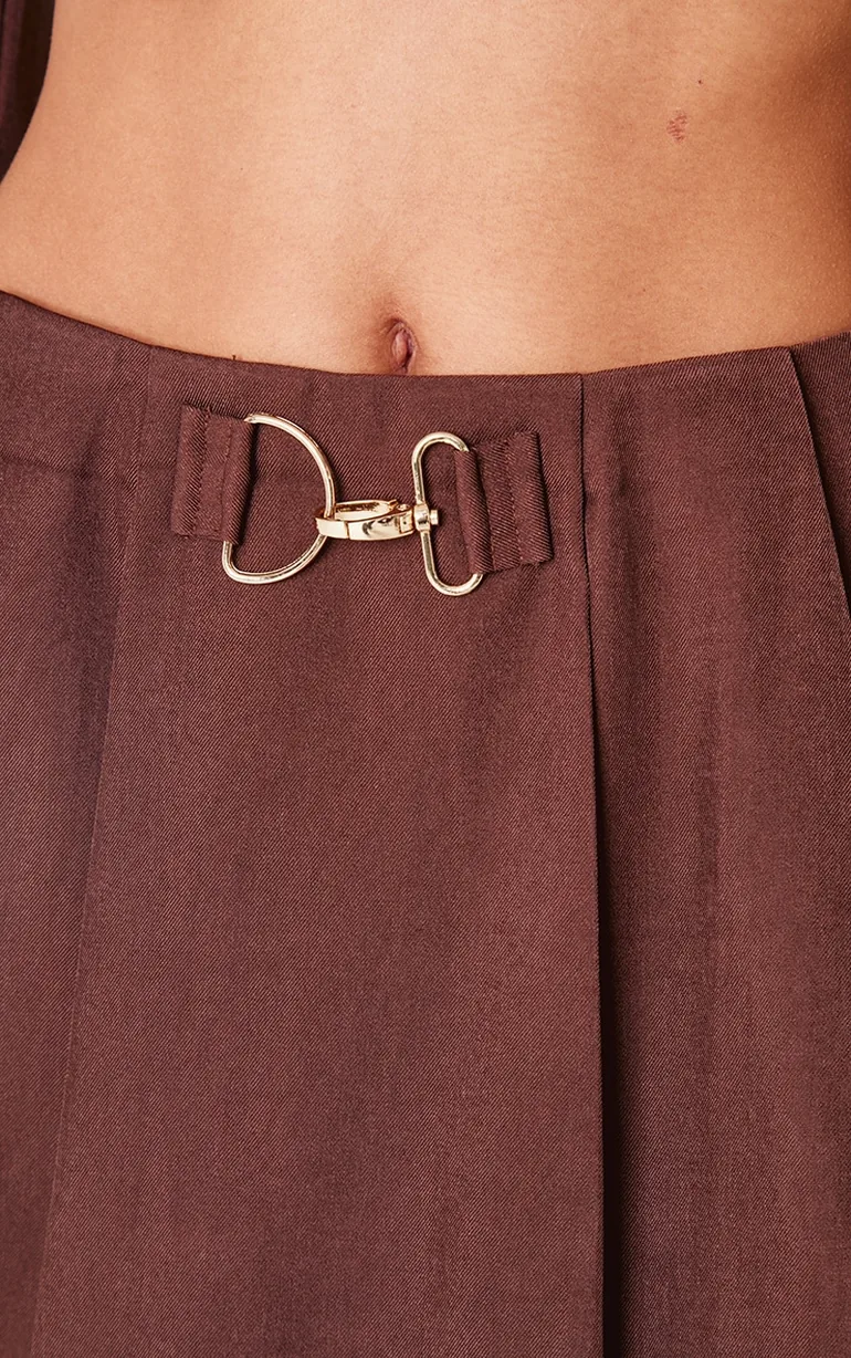 Chocolate Tailored Woven Buckle Detail Pleated Micro Mini Skirt - 4