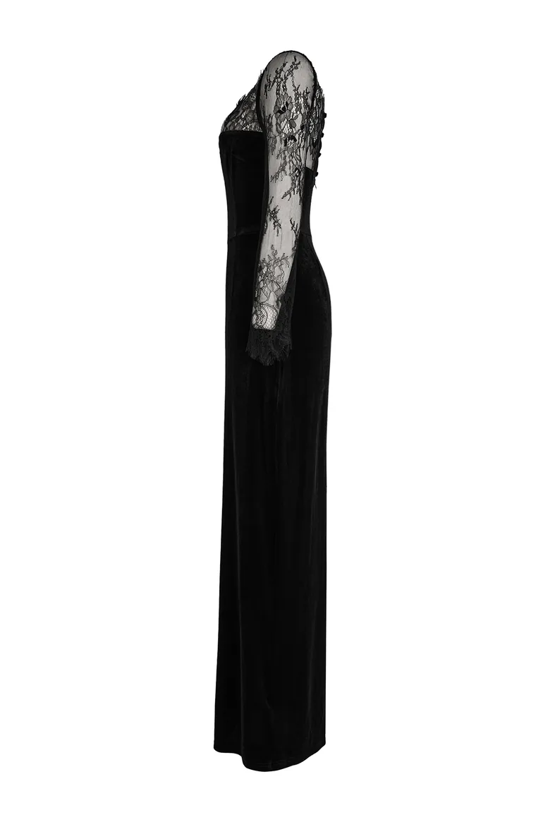 Velvet Splicing Lace Maxi Dress - 4