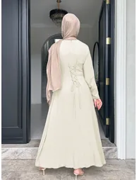 Beige Long Sleeve A-Line Maxi Dress - 1
