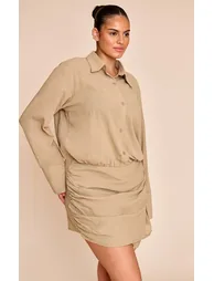 Plus Khaki Linen Look Shirt Style Long Sleeve Skort Playsuit - 2