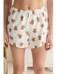 Light Beige 100% Cotton Teddy Bear and Slogan Printed Shorts Knitted Pajama Set - 4