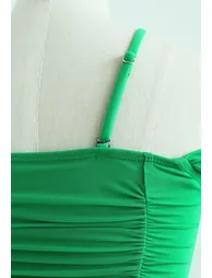 Ruched Mesh Cold-Shoulder Bikini Set in Green - 2