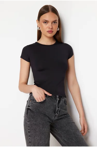 Black Polyamide Short Sleeve Crew Neck Fitted Knitted T-Shirt