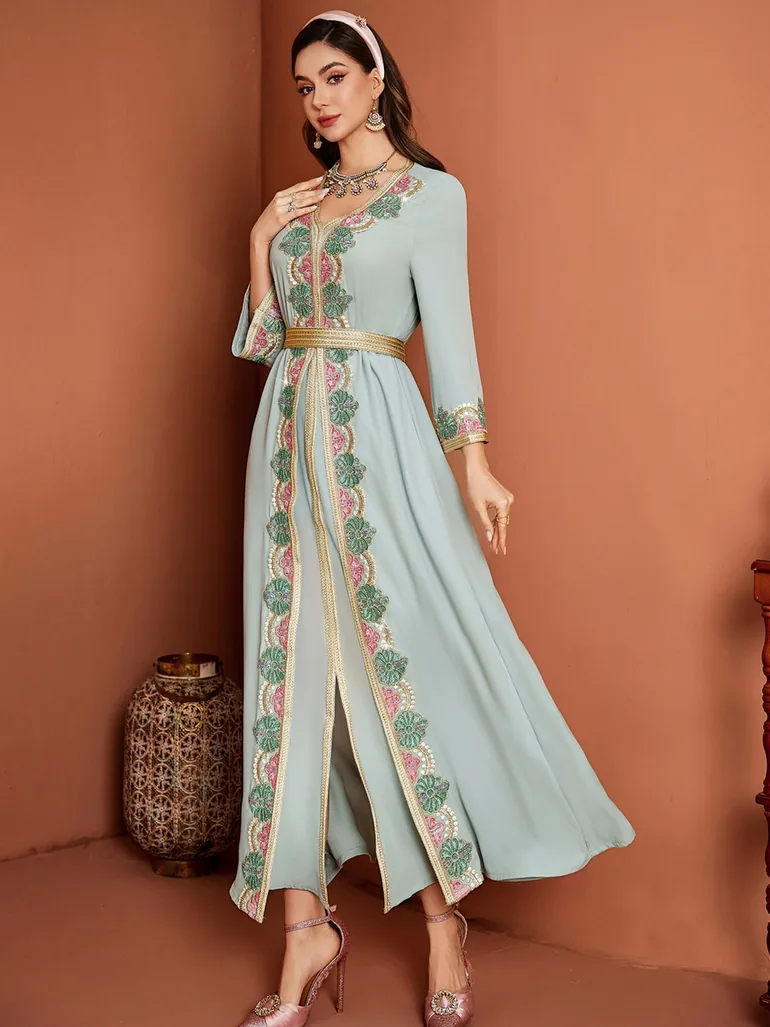 Women Light Blue Embellished Golden Trim Jalabiya - 2