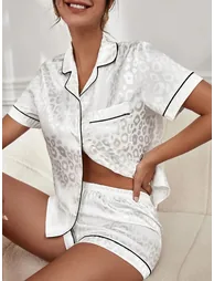 White Leopard Pattern Piping Shirt and Shorts Set