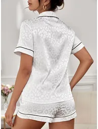 White Leopard Pattern Piping Shirt and Shorts Set - 1