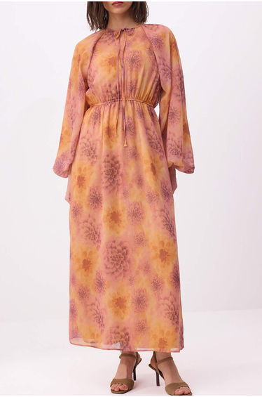 Purple Belted Lined Floral Woven Chiffon Hijab Dress product thumbnail 3