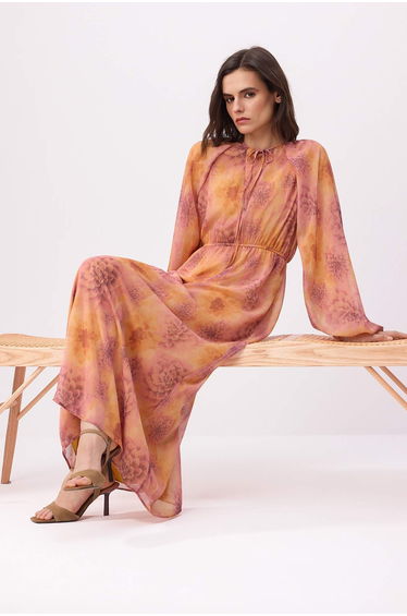 Purple Belted Lined Floral Woven Chiffon Hijab Dress product thumbnail 2
