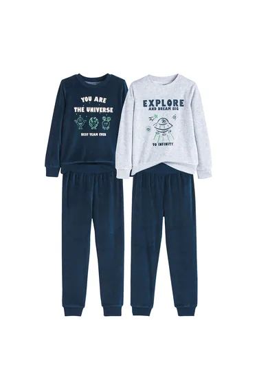 Pack of 2 Pyjamas in Velour, Slogan/Monsters Print