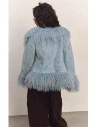 Powder Blue Faux Fur Trim Faux Suede Jacket - 1