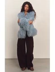 Powder Blue Faux Fur Trim Faux Suede Jacket - 2