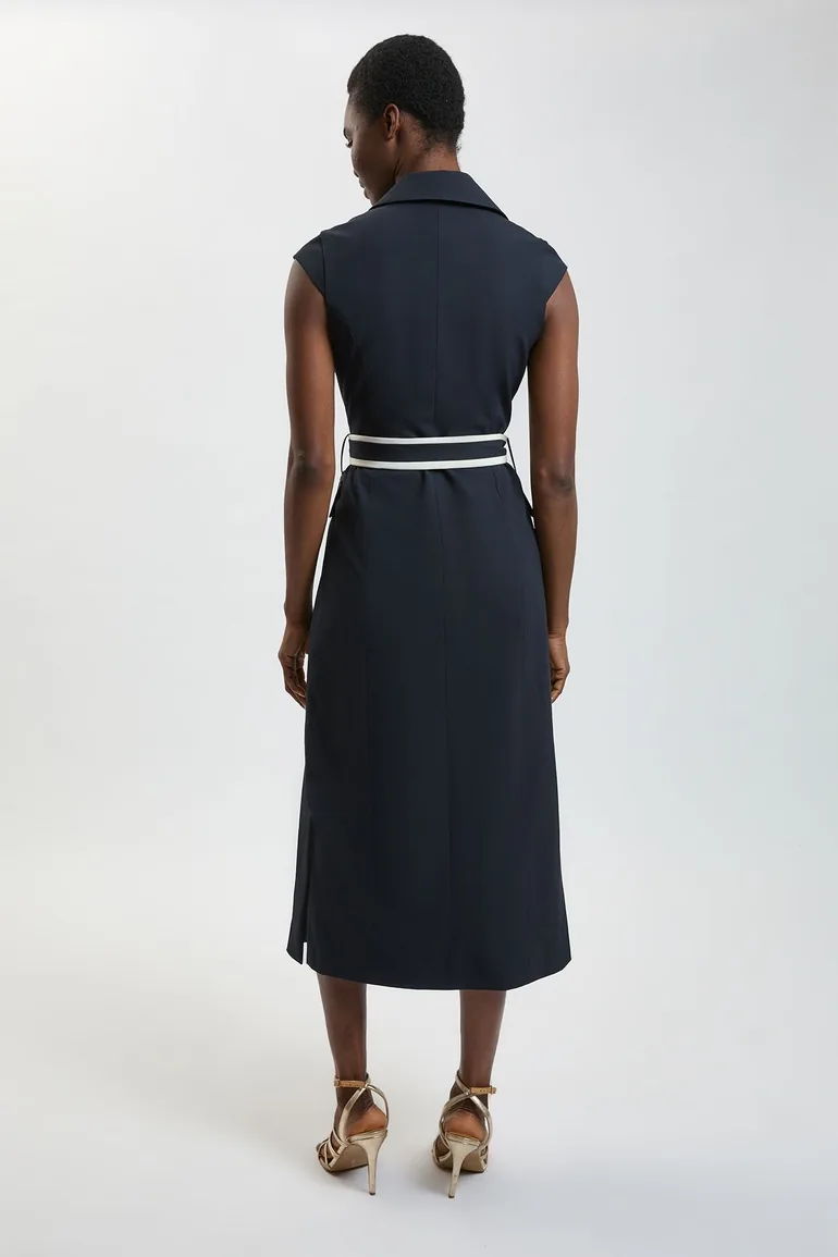 Compact Stretch Double Breasted Belted Tipped Tailored Midi Dress - 2