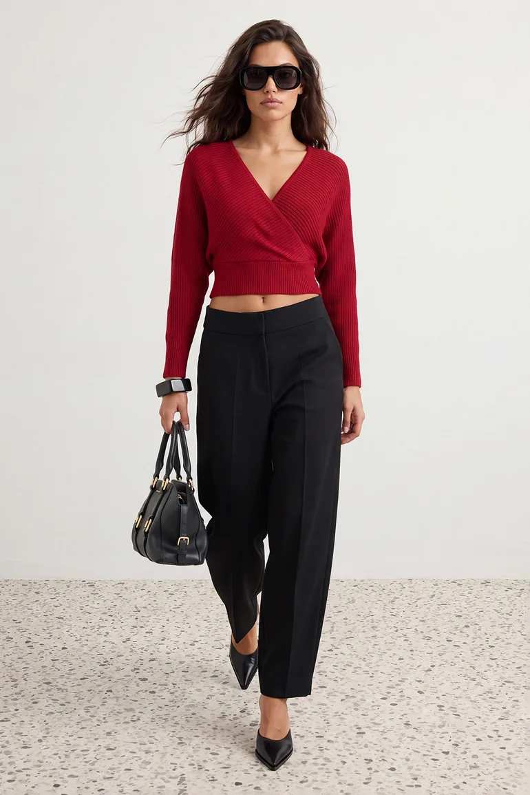 Red Double Breasted Balloon Sleeve Knitwear Sweater