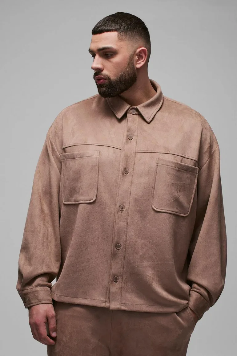 Plus Faux Suede Oversized Shirt - taupe