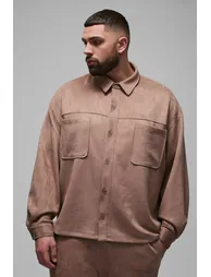 Plus Faux Suede Oversized Shirt - taupe