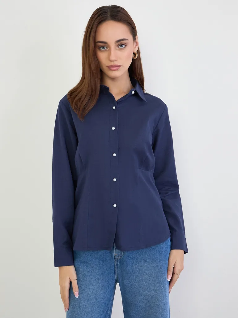 Navy Regular Fit Shirt with Pearl Buttons - 2
