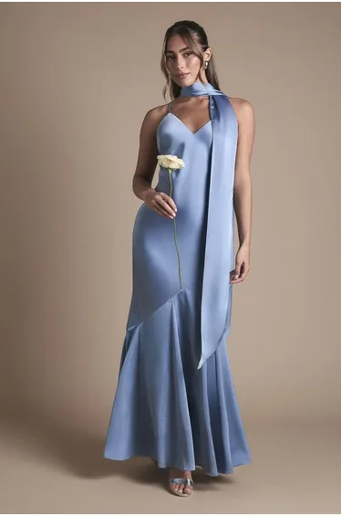 Satin Scarf Detail Strappy Maxi Bridesmaid Dress