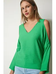 Women's Green Off-the-Shoulder, Flowy Curtain Split Blouse - 2