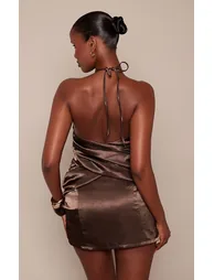 Khaki Satin Wrap Detail Mini Dress - 2