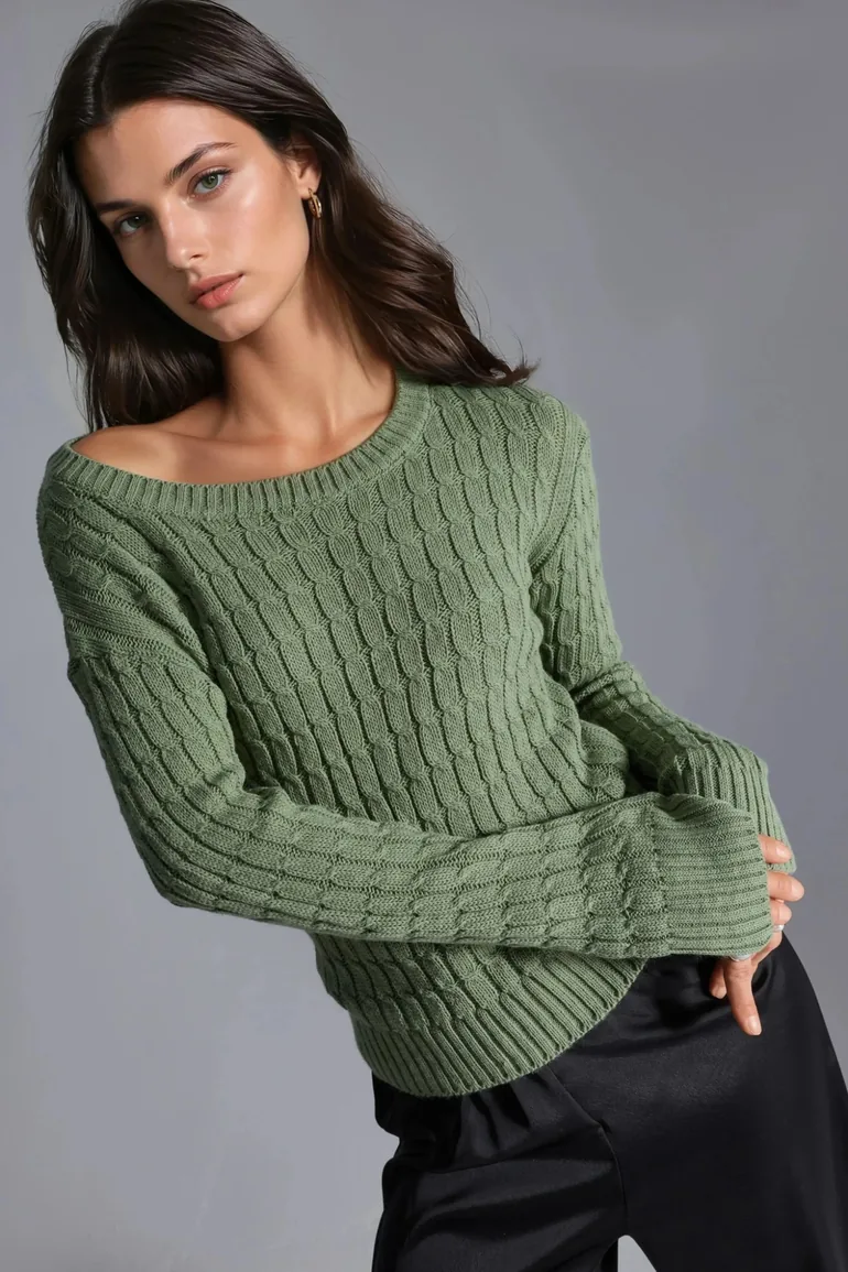 MY FASHION Boat Neck Cable Knit Sweater - 3