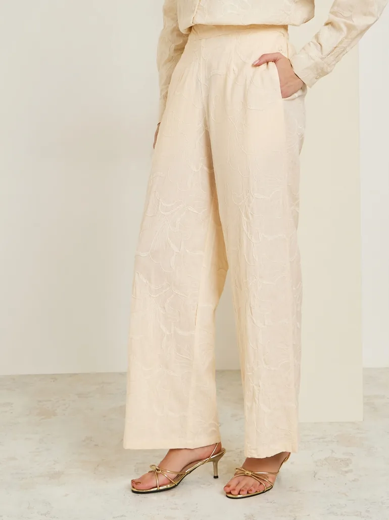 Women Off-White Embroidered Wide Leg Trousers - 1