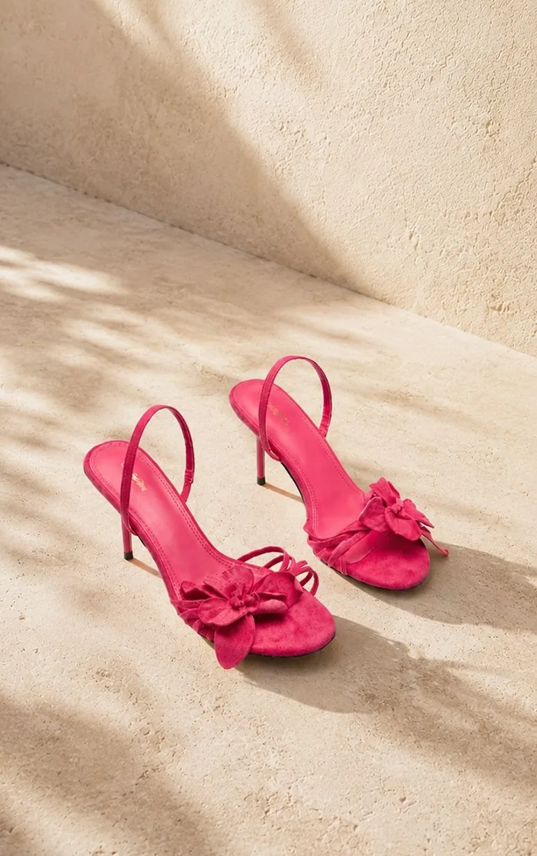 Fuchsia Faux Suede Flower Trim Strappy Heeled Sandals - 1