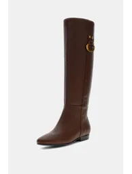 Gold Detail Flat Knee High Boot Dark Brown - 1