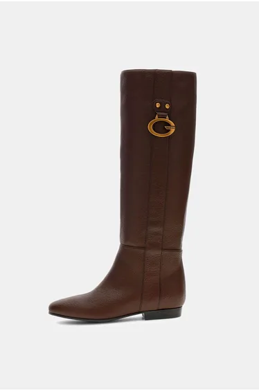 Gold Detail Flat Knee High Boot Dark Brown