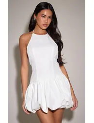 White Woven Halterneck Puff Ball Mini Dress - 4