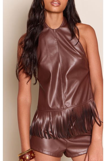 Chocolate Faux Leather Fringe Detail Top Co-Ord product thumbnail 4
