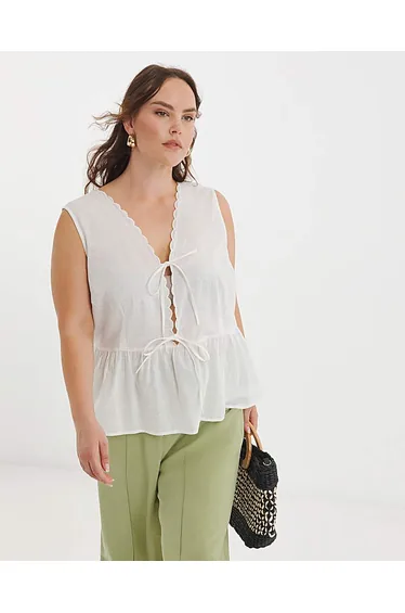 White Tie Front Vest With Scallop Edge