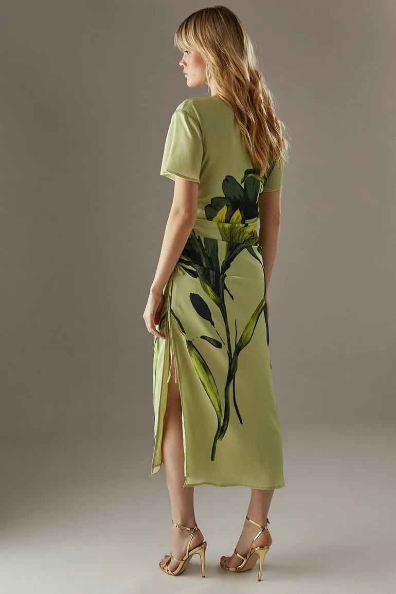 Placement Print Crinkle Satin Ruched Midi Dress - 2