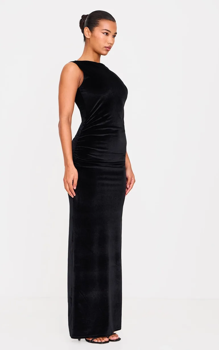 Black Velvet Boat Neck Floor Length Dress - 2