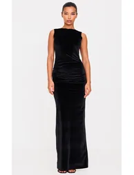 Black Velvet Boat Neck Floor Length Dress - 5