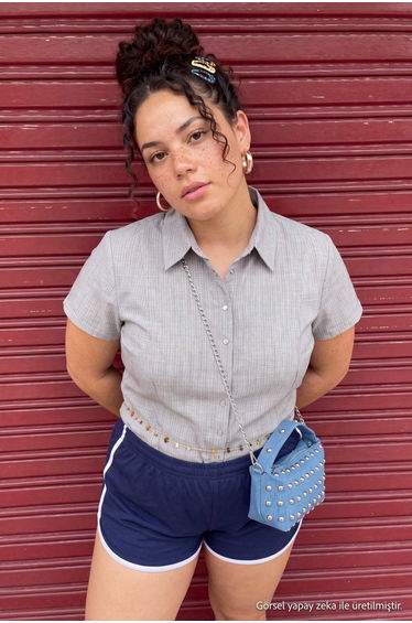 White Striped Short-Sleeved Woven Plus Size Shirt product thumbnail 3